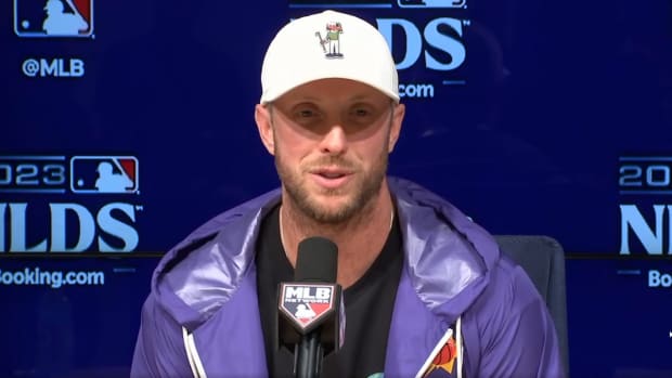 Merrill Kelly speaks to the media ahead of his Game 1 start at Dodger Stadium